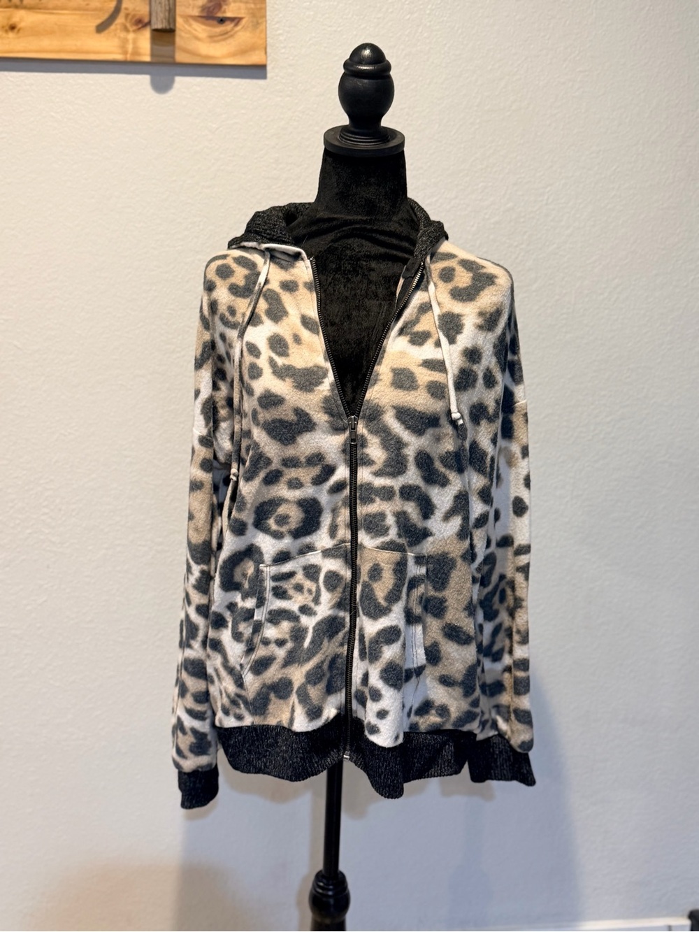 Vanilla Bay Leopard Print Zip Hoodie in Black, Cream, Gray